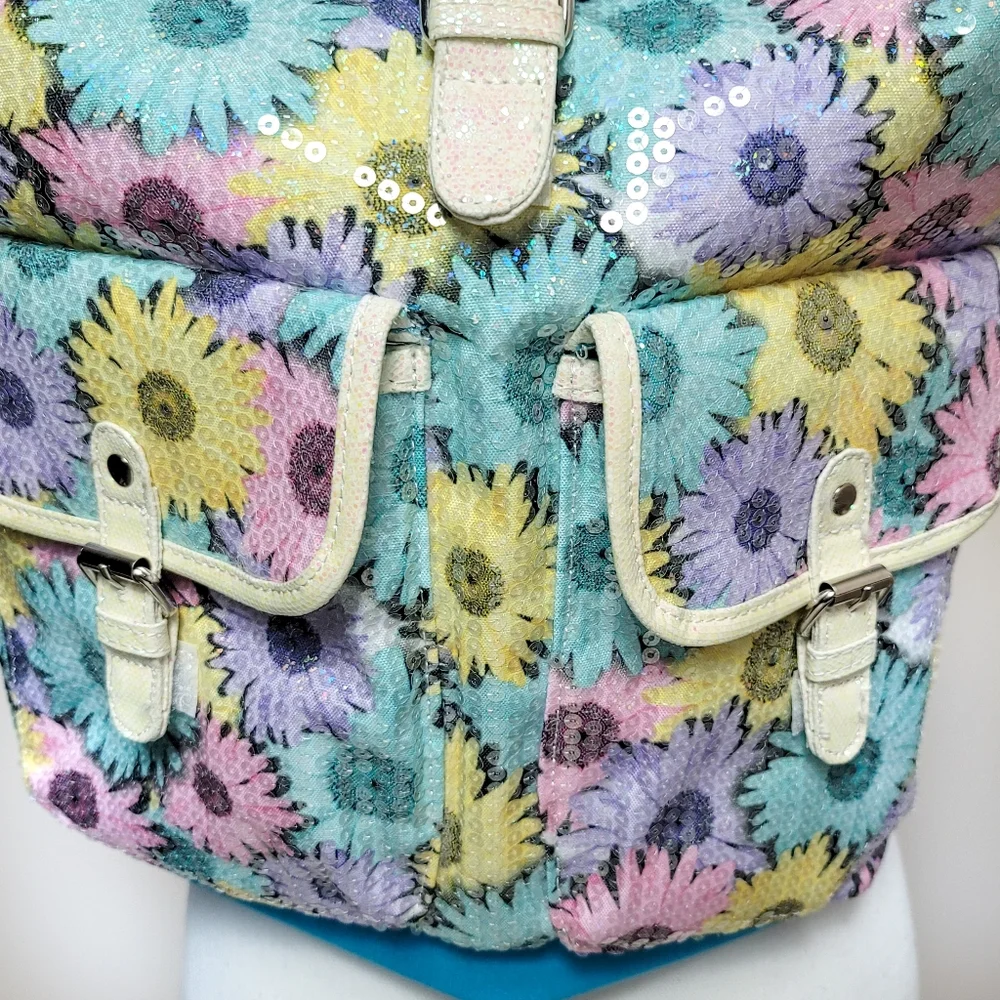 Justice Colorful Daisy Pattern Sequin Backpack -Brand New